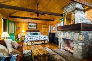 Deerwoode Reserve | A cozy log cabin bedroom with a fireplace and comfortable bed.