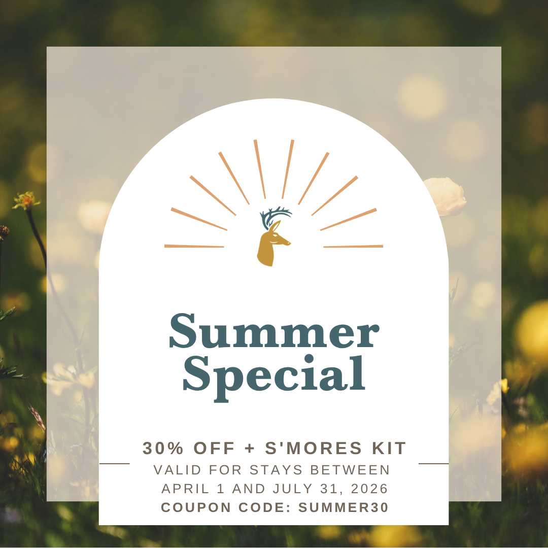 Promotional summer sale flyer with a white rounded card over a blurred outdoor background, featuring a deer head logo and sunburst, announcing 30% off and a s’mores kit with dates and coupon code SUMMER30.