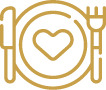 Dining icon: plate with a heart, flanked by a fork and knife, indicating restaurant or meal service.