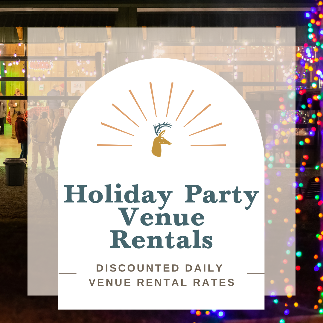 Deerwoode - Holiday Party Rental Discounts - Deerwoode Reserve Promo sign for Holiday Party Venue Rentals with a deer logo and sunburst, placed over a festively lit event space with string lights.
